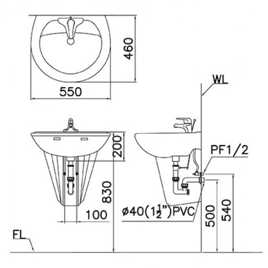 Chậu Rửa Lavabo Treo Tường CAESAR Kèm Chân ngắn L2220/P2436