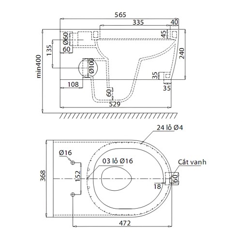 Bàn Cầu Viglacera V55 Treo Tường Thoát Ngang