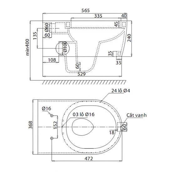 Bàn Cầu Viglacera V55 Treo Tường Thoát Ngang