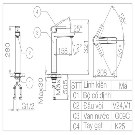 Vòi Chậu Lavabo Viglacera VG125 Nóng Lạnh Cổ Cao