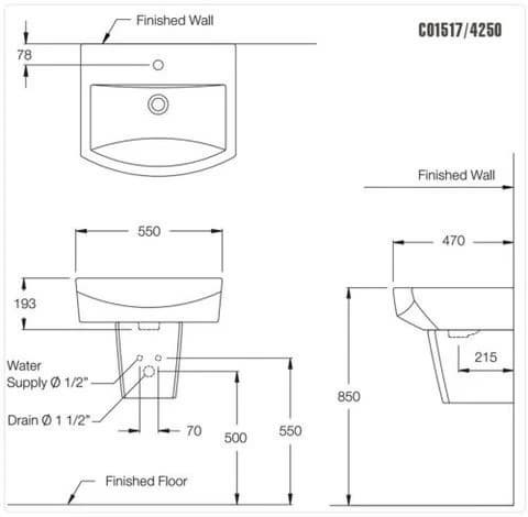 Bản vẽ kỹ thuật Chậu lavabo treo tường C01517/C4150
